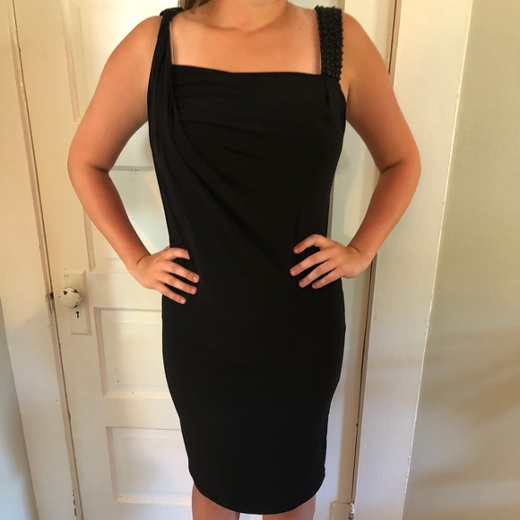 Black, Beaded Asymmetrical Dress - Picture 1 of 3